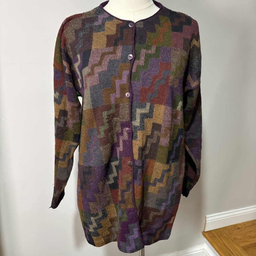 Vtg Peruvian Connection 100% Alpaca Wool Colorful Geometric Cardigan Boho Sz S